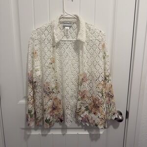 Alfred Dunner Women's Petite Crochet Cardigan Sheer White Floral Design Size MP